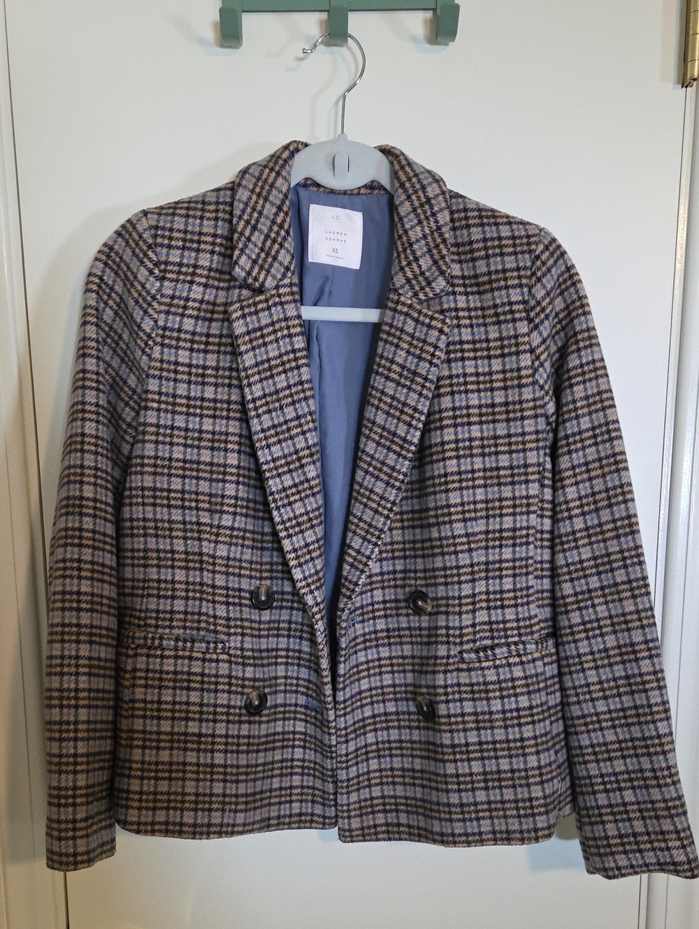 LC Lauren Conrad Plaid Double-Breasted Peacoat in Blue and Tan/Brown